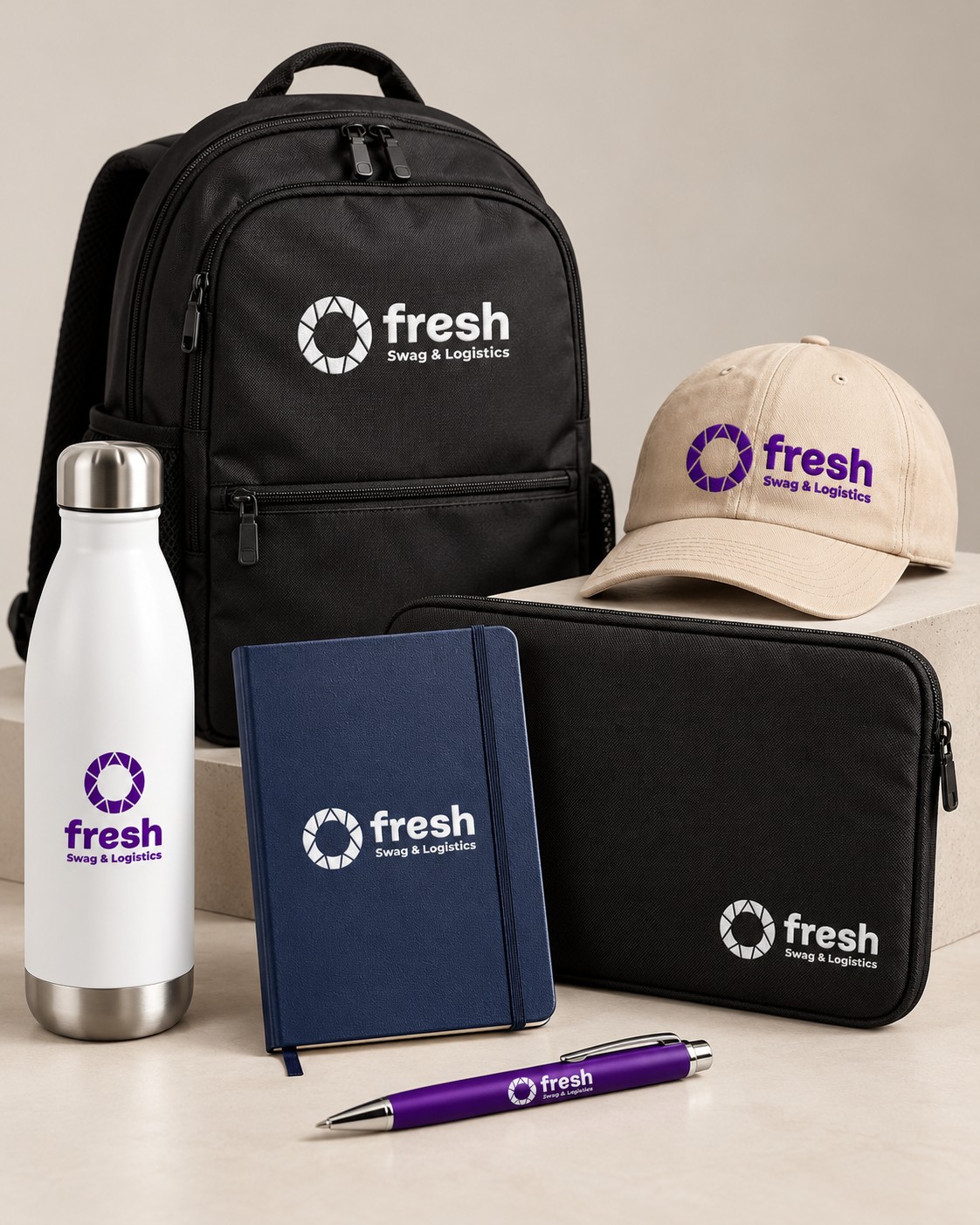 Fresh branded merchandise arranged on display blocks