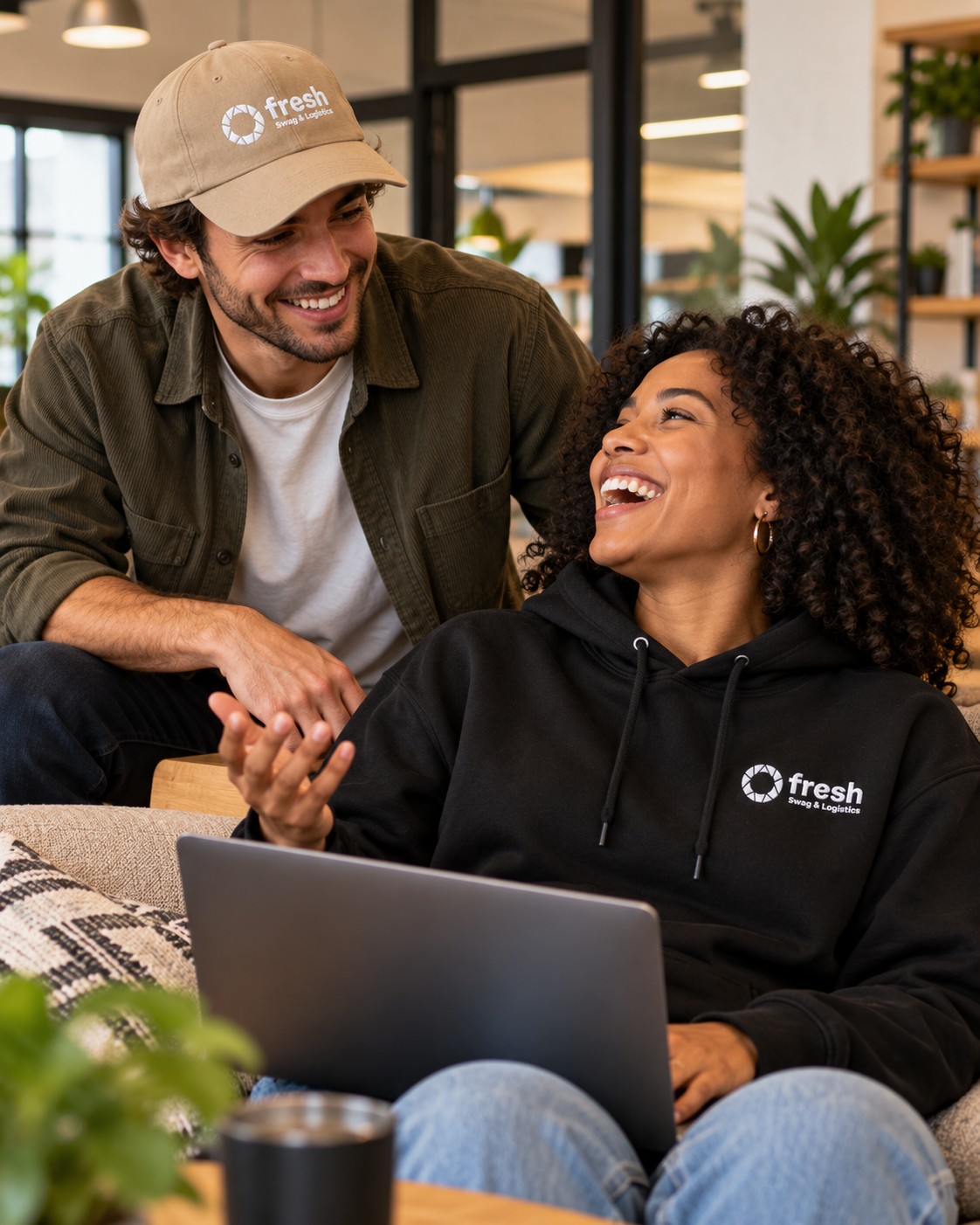 Two colleagues wearing a Fresh branded cap and hoodie